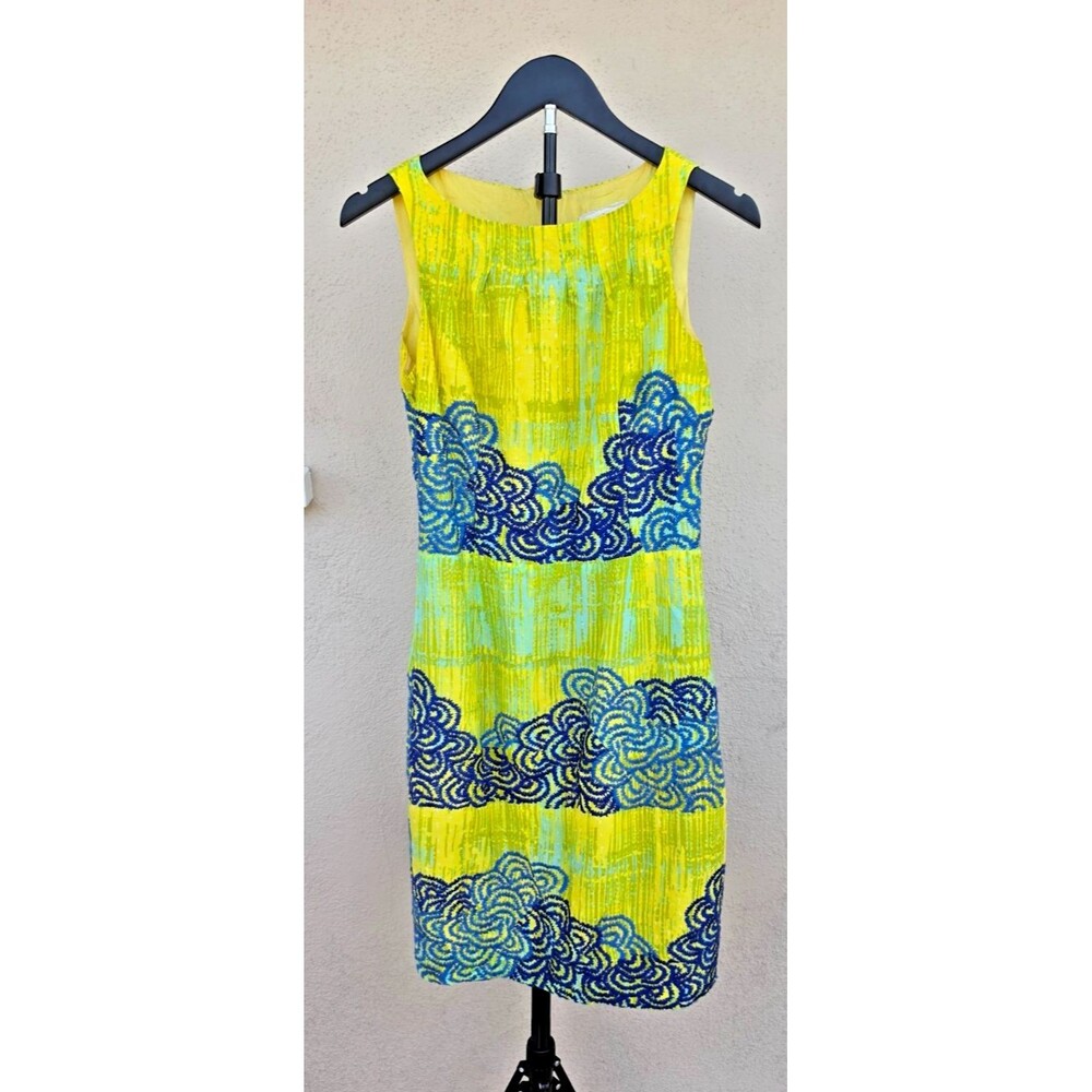Anthropologie Tabitha Dress Sz 2 Yellow Blue Embroidered Abstract Sheath